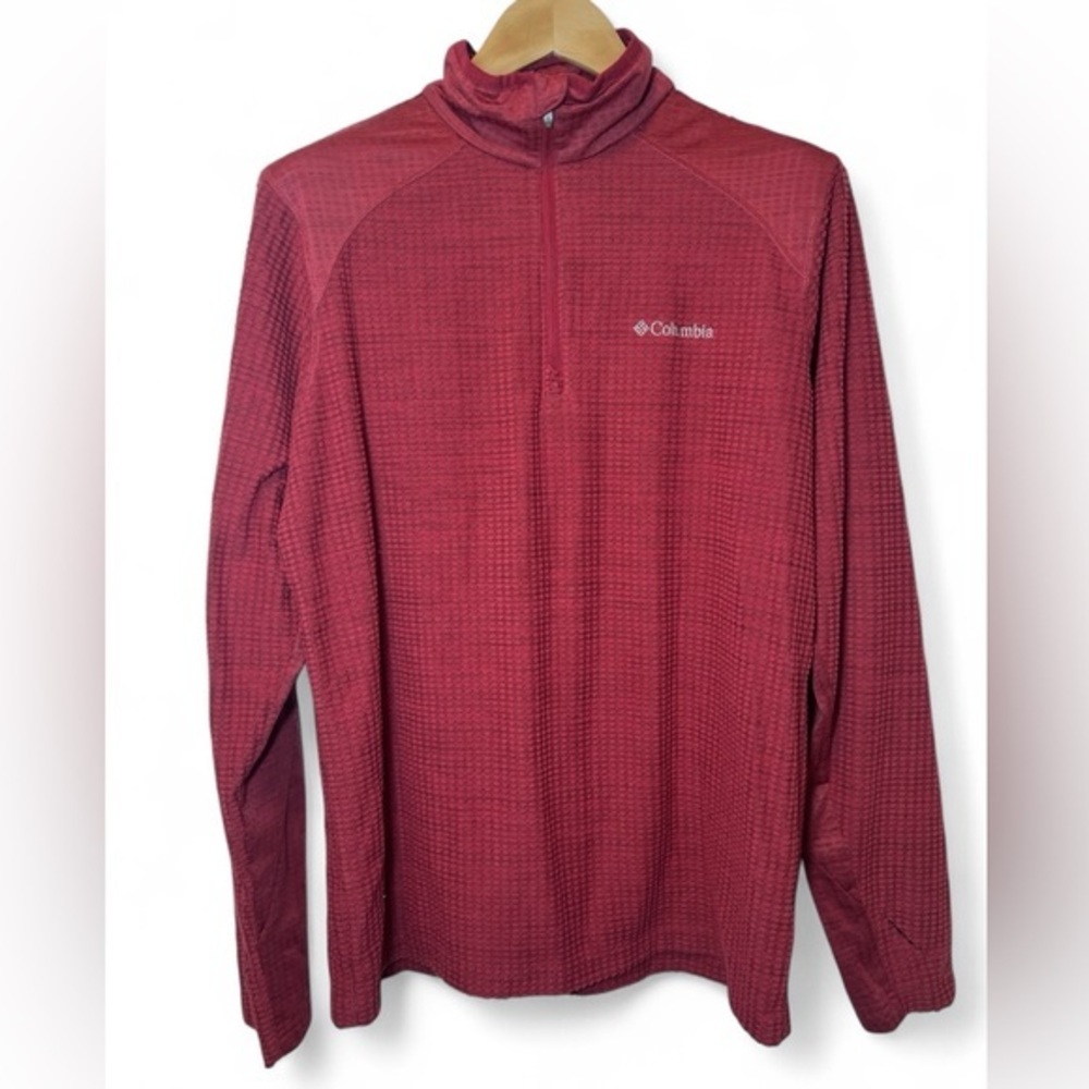 Columbia 1/4 Zip Men M Textured‎ Nubby Red Thumbholes Fleece Like Pullover